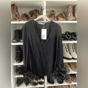 Zara Black Blouse with Feather Cuffs